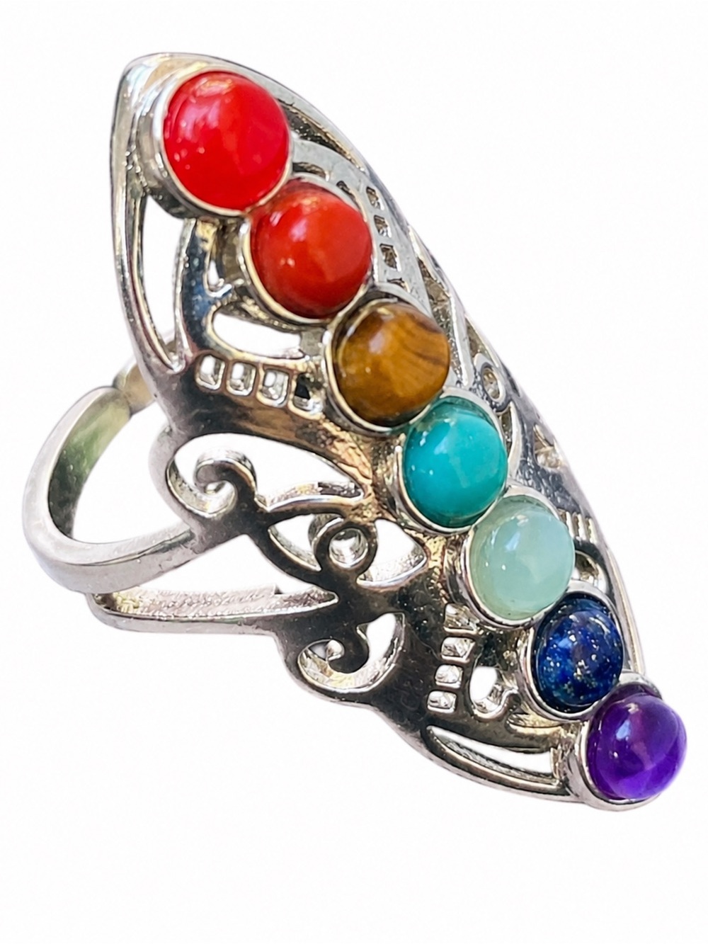 NWOT Rainbow Chakra Stone Ring Silver Tone Adjustable Boho Festival - Picture 5 of 11